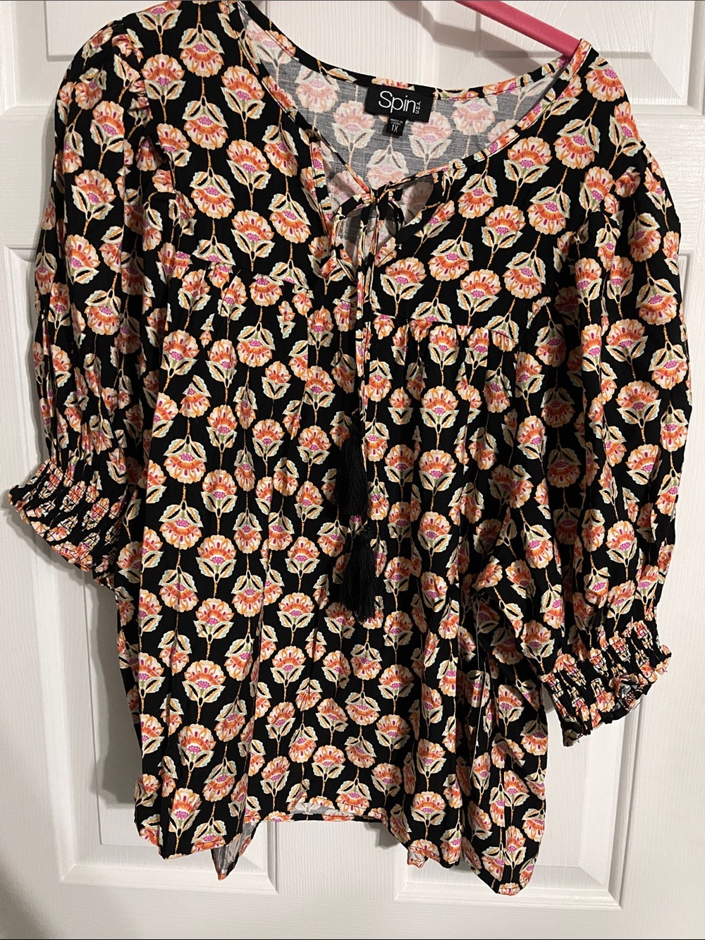 Spin Floral Tie-Neck Blouse in Black with Pink & Cream